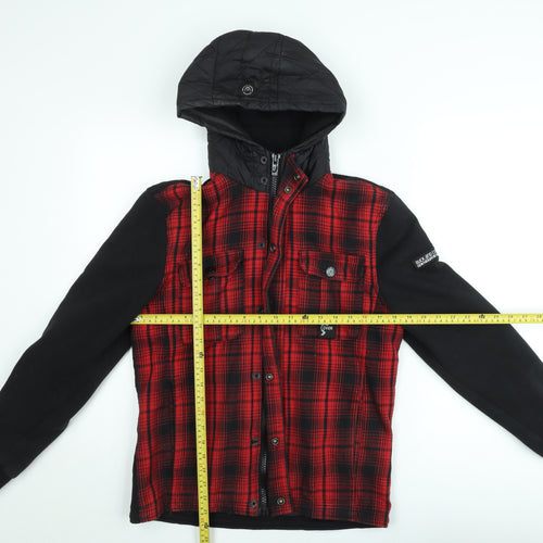 Duck and Cover Men's Red Check Hooded Bomber Jacket Size S