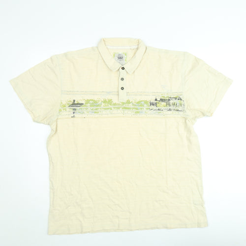 Next Men's Beige Graphic Print Cotton Polo Shirt Size L