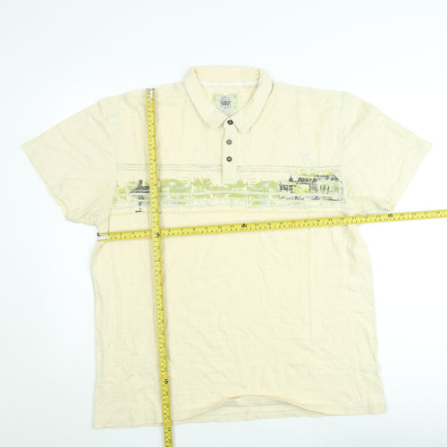 Next Men's Beige Graphic Print Cotton Polo Shirt Size L