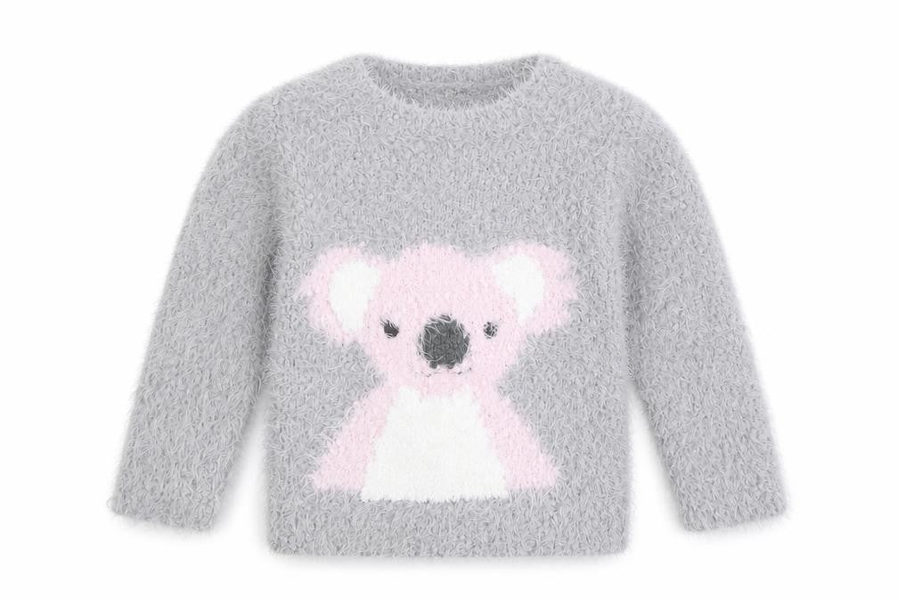 Front view of Young Dimension girls’ grey koala fluffy jumper 12-18 months