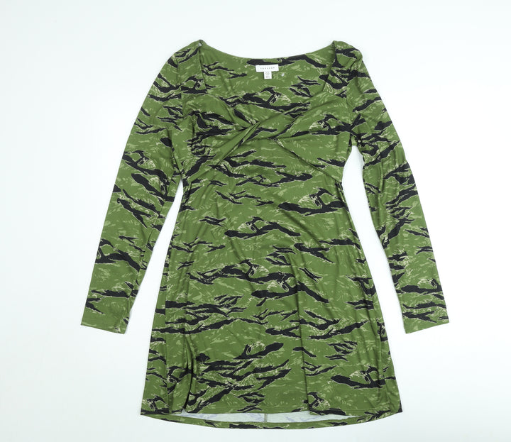 Topshop Women’s Green Camouflage A-Line Jersey Dress Size 12