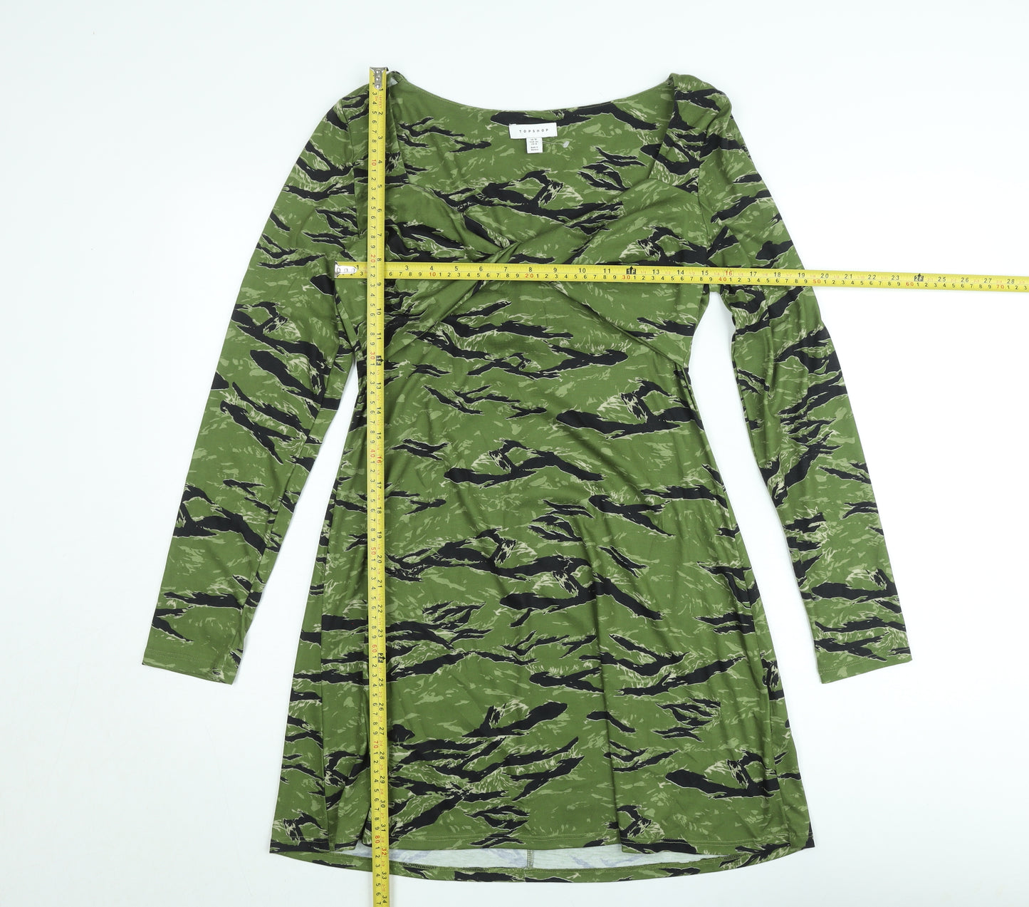 Topshop Women’s Green Camouflage A-Line Jersey Dress Size 12