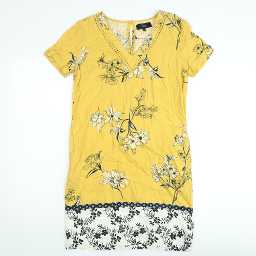 Next Women’s Yellow Floral Linen Shift Dress Size 6 V-Neck Crochet Trim
