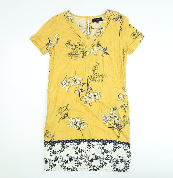 Next Women’s Yellow Floral Linen Shift Dress Size 6 V-Neck Crochet Trim