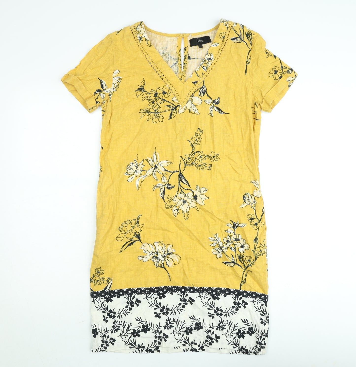 Next Women’s Yellow Floral Linen Shift Dress Size 6 V-Neck Crochet Trim