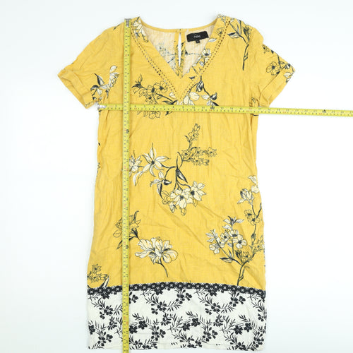 Next Women’s Yellow Floral Linen Shift Dress Size 6 V-Neck Crochet Trim