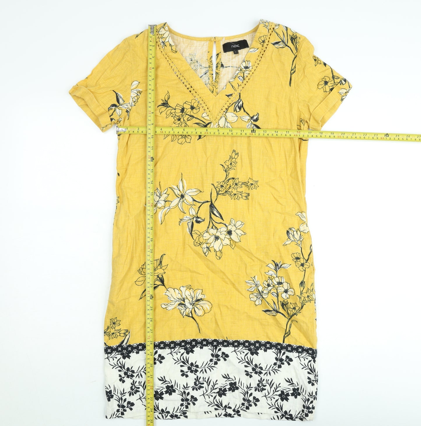 Next Women’s Yellow Floral Linen Shift Dress Size 6 V-Neck Crochet Trim