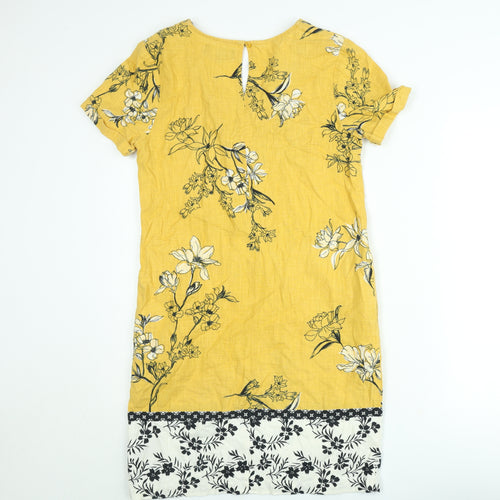 Next Women’s Yellow Floral Linen Shift Dress Size 6 V-Neck Crochet Trim