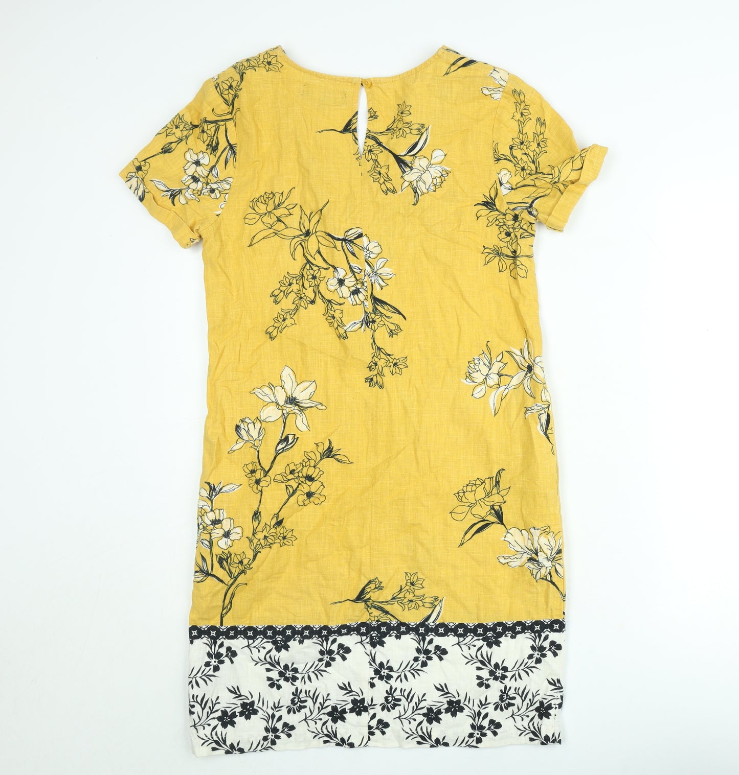 Next Women’s Yellow Floral Linen Shift Dress Size 6 V-Neck Crochet Trim