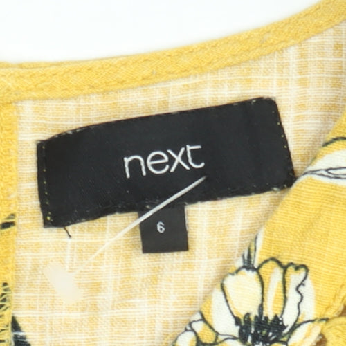 Next Women’s Yellow Floral Linen Shift Dress Size 6 V-Neck Crochet Trim