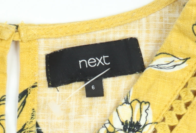 Next Women’s Yellow Floral Linen Shift Dress Size 6 V-Neck Crochet Trim
