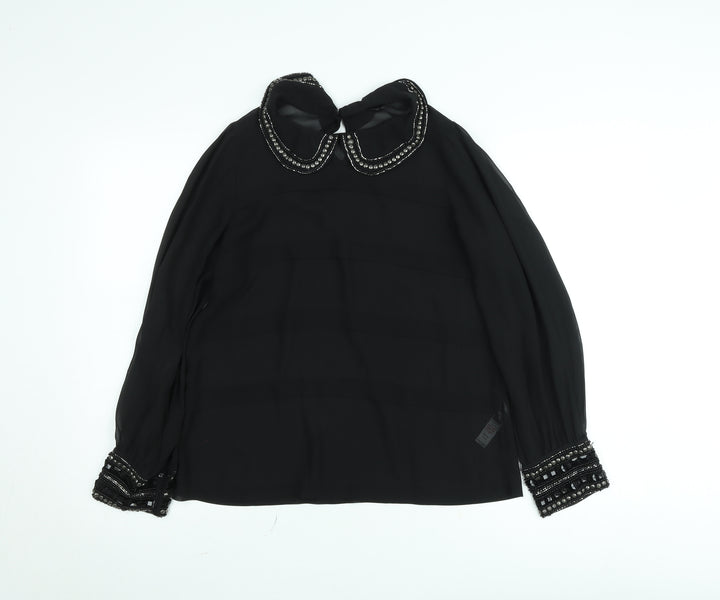Dunnes Women Black Beaded Collar Chiffon Blouse Size 12