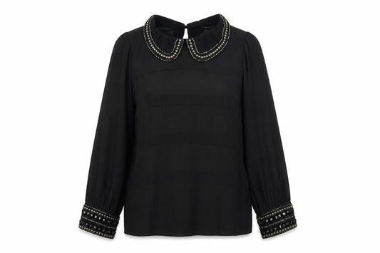 Front view of Dunnes Women Black Beaded Collar Chiffon Blouse, size 12