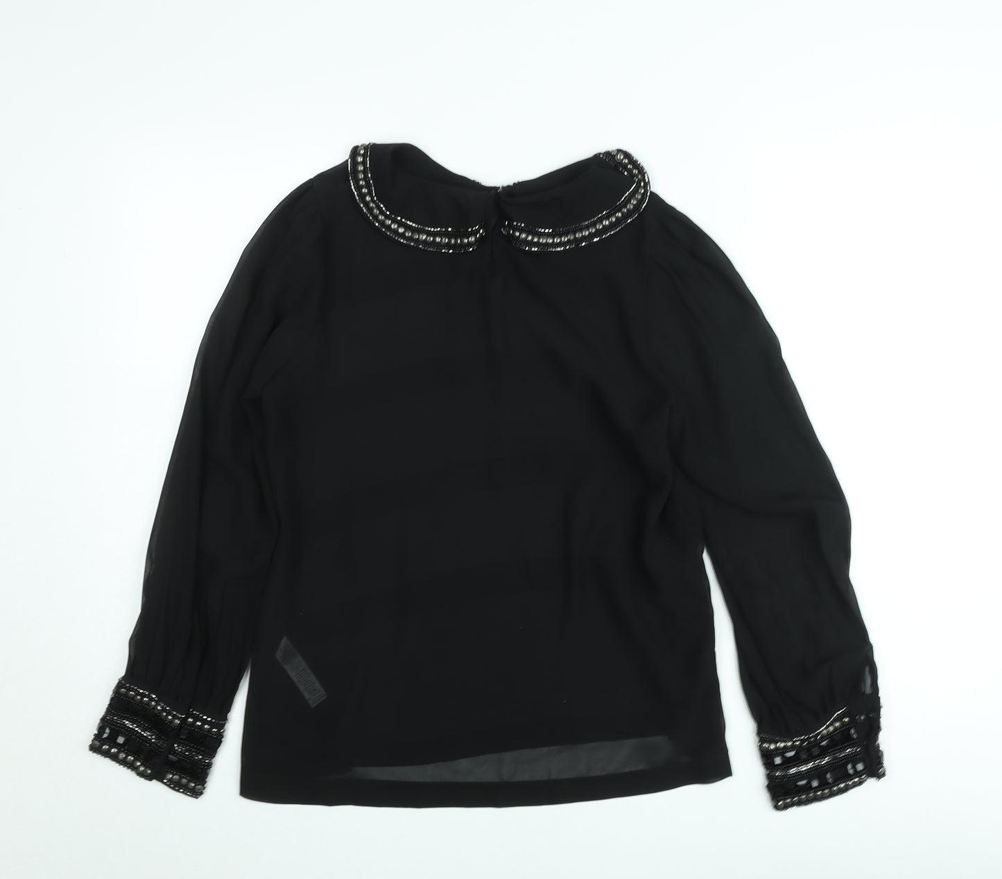 Dunnes Women Black Beaded Collar Chiffon Blouse Size 12