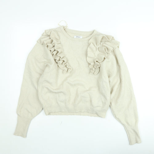 ONLY Women Beige Ruffle Knit Jumper Medium Long Sleeve Pullover