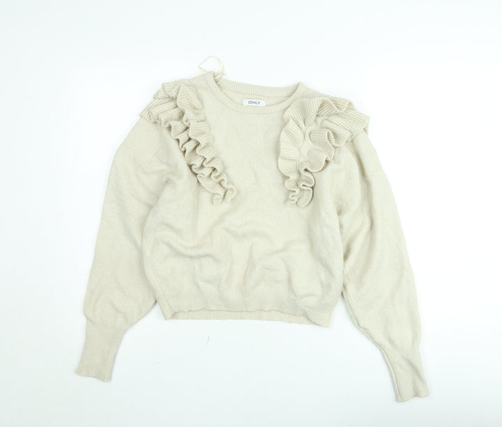 ONLY Women Beige Ruffle Knit Jumper Medium Long Sleeve Pullover