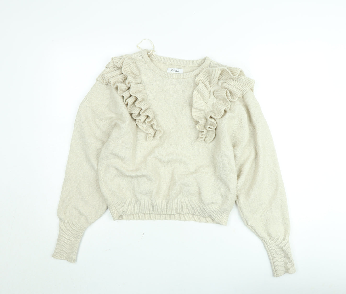 ONLY Women Beige Ruffle Knit Jumper Medium Long Sleeve Pullover