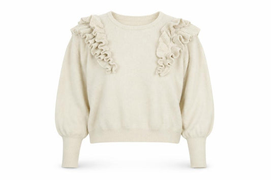Front view of Only Women Beige Ruffle Knit Jumper Medium Long Sleeve Pullover