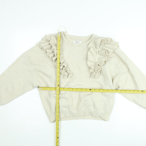 ONLY Women Beige Ruffle Knit Jumper Medium Long Sleeve Pullover