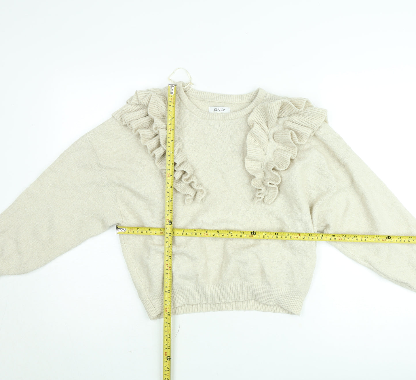 ONLY Women Beige Ruffle Knit Jumper Medium Long Sleeve Pullover