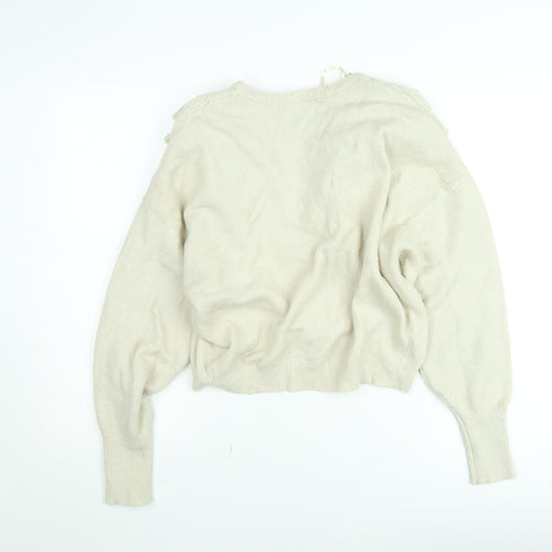 ONLY Women Beige Ruffle Knit Jumper Medium Long Sleeve Pullover