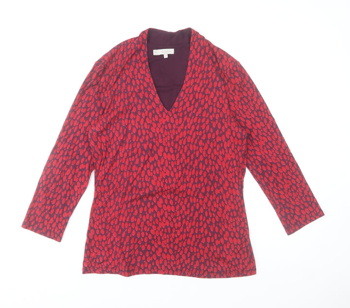 Hobbs Women Red Patterned Viscose Long Sleeve V-Neck Top Size M