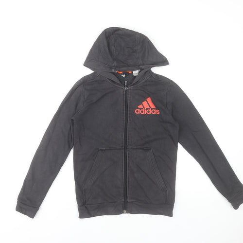 Adidas Boys Black Full Zip Hoodie 9-10 Years Cotton Blend Red Logo