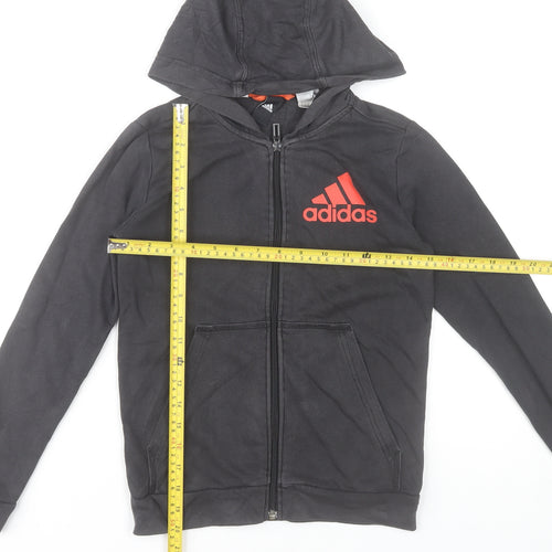 Adidas Boys Black Full Zip Hoodie 9-10 Years Cotton Blend Red Logo