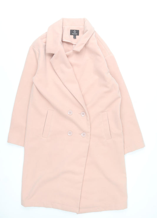 Front view of Threadbare Women’s Pink Long Overcoat, size UK 10, Classic Lined Buttoned Polyester Blend