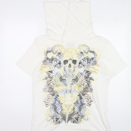 Denim73 Womens White Skull Graphic Hooded T-Shirt Size L