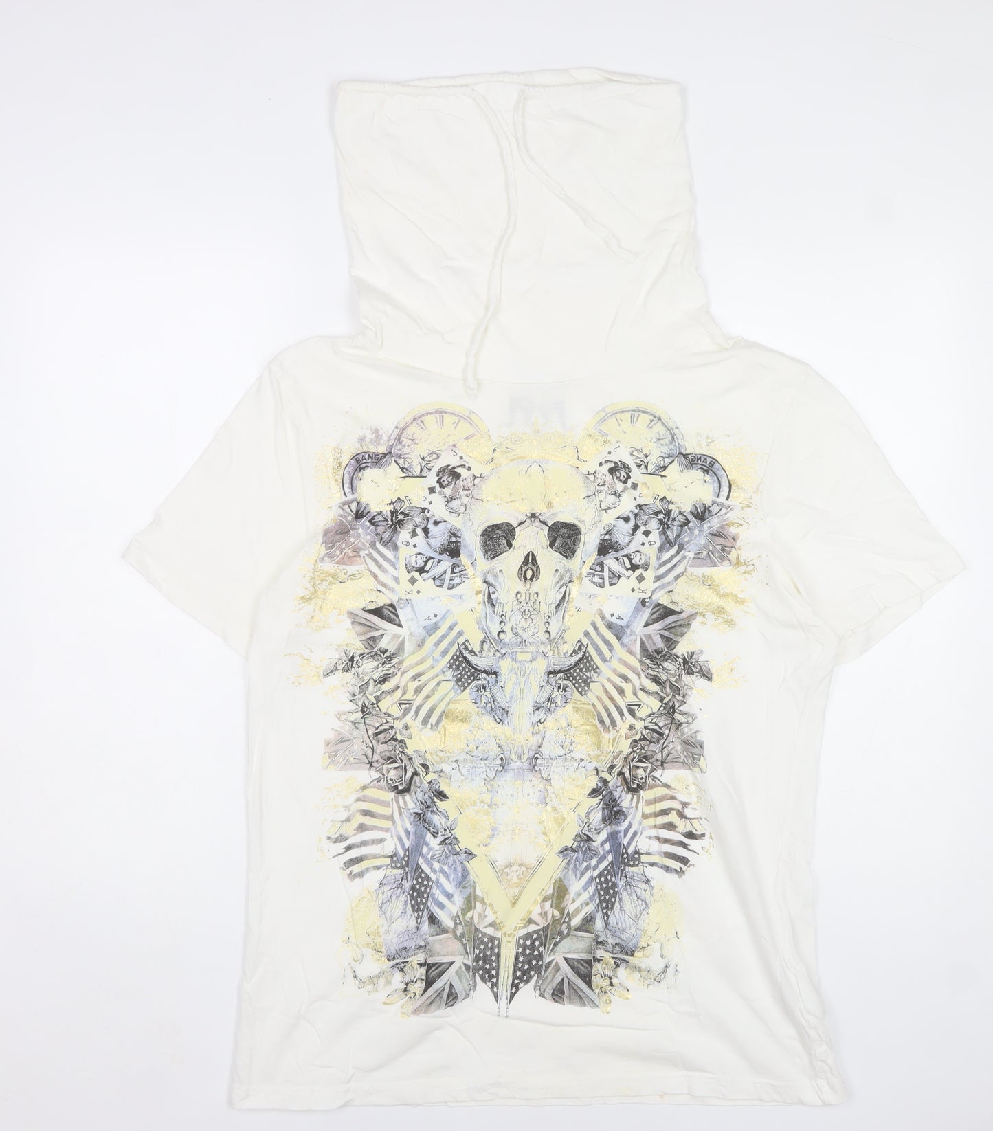 Denim73 Womens White Skull Graphic Hooded T-Shirt Size L