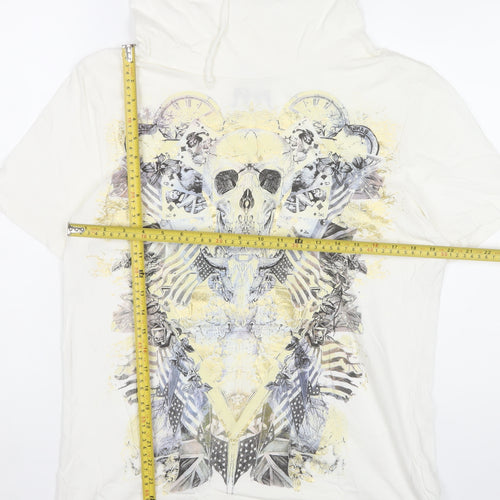 Denim73 Womens White Skull Graphic Hooded T-Shirt Size L