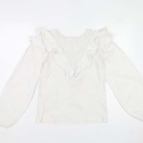 River Island Women's White Ruffle V-Neck Cotton Long Sleeve Blouse Size 8