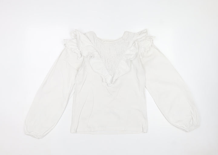 River Island Women's White Ruffle V-Neck Cotton Long Sleeve Blouse Size 8
