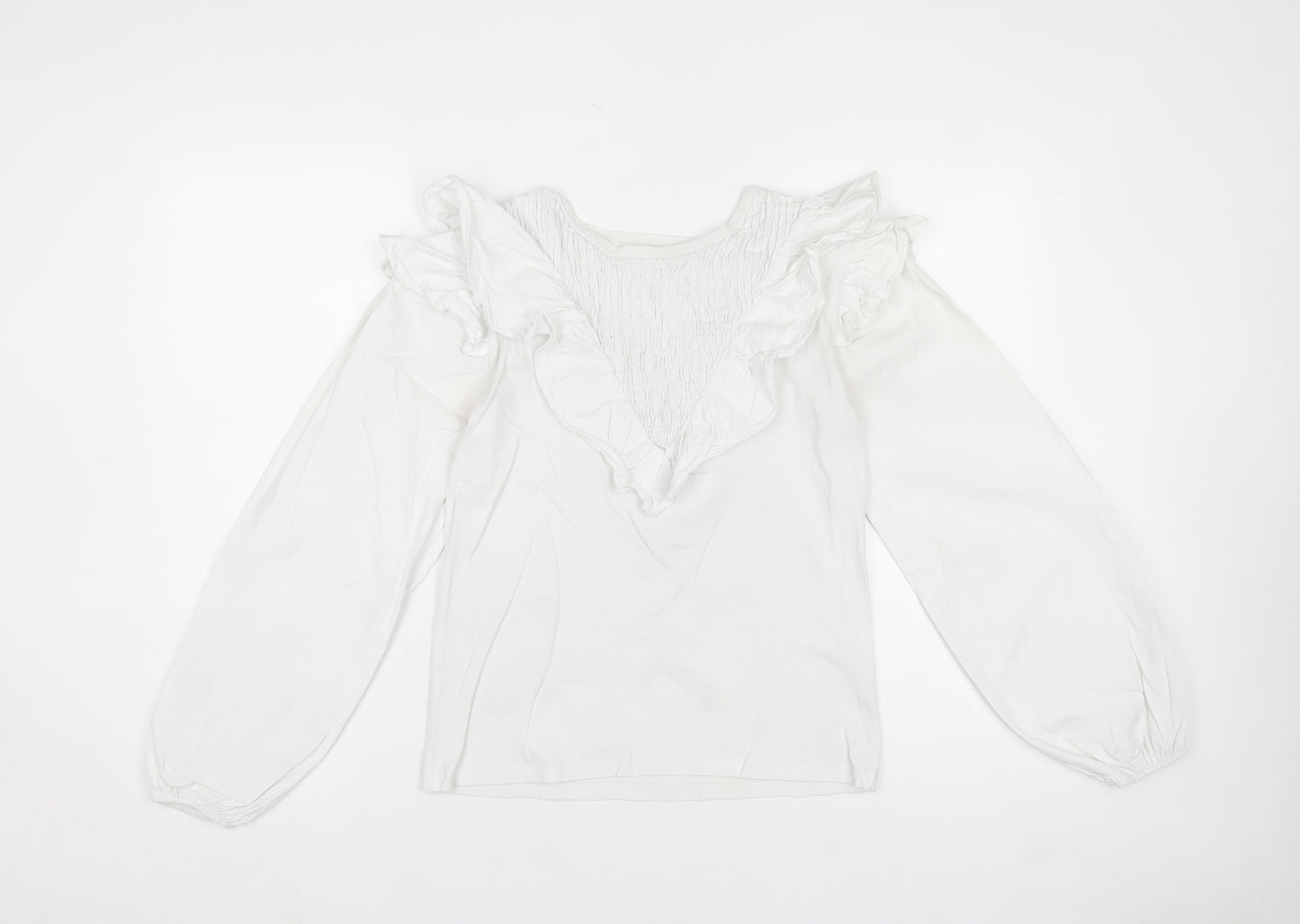River Island Women's White Ruffle V-Neck Cotton Long Sleeve Blouse Size 8