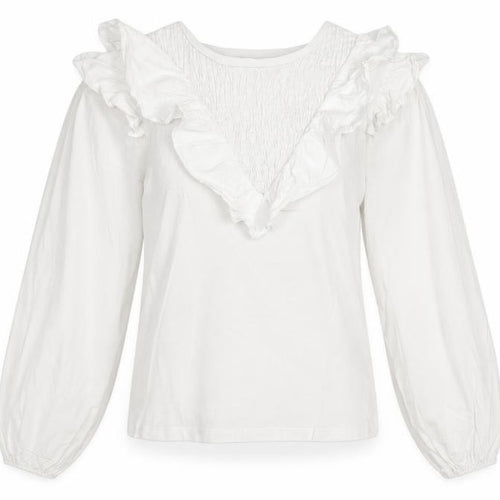 River Island Women's White Ruffle V-Neck Cotton Long Sleeve Blouse Size 8