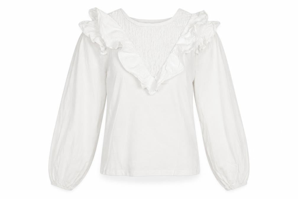 River Island Women's White Ruffle V-Neck Cotton Long Sleeve Blouse Size 8