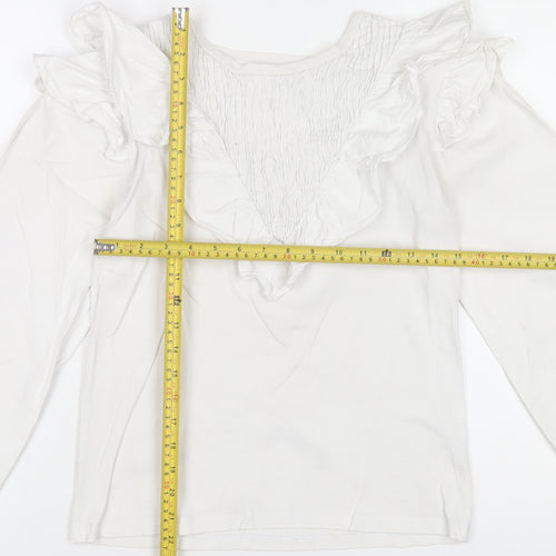 River Island Women's White Ruffle V-Neck Cotton Long Sleeve Blouse Size 8