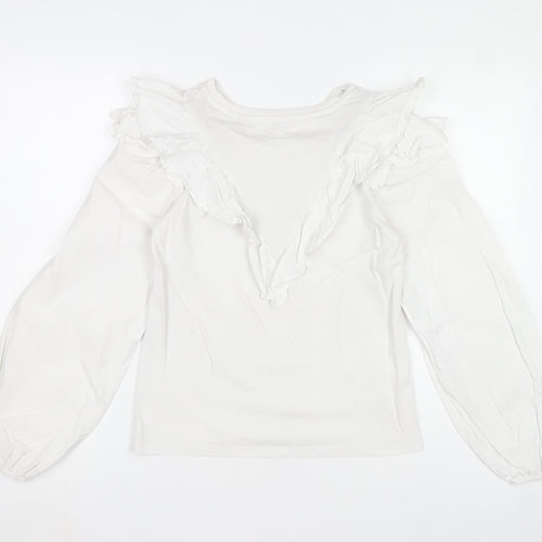 River Island Women's White Ruffle V-Neck Cotton Long Sleeve Blouse Size 8