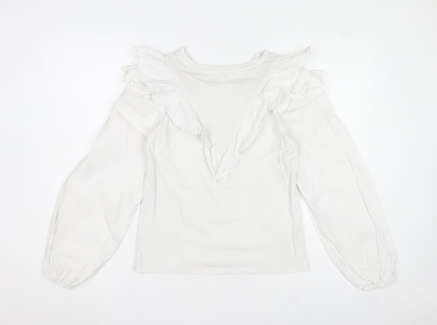 River Island Women's White Ruffle V-Neck Cotton Long Sleeve Blouse Size 8
