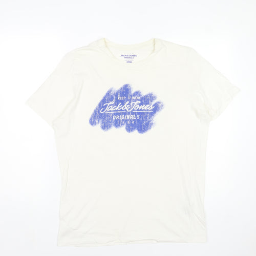 Jack & Jones Men's White Graphic Print T-Shirt Size L Regular Fit