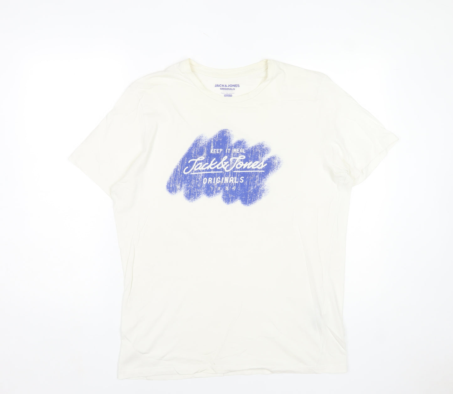Jack & Jones Men's White Graphic Print T-Shirt Size L Regular Fit