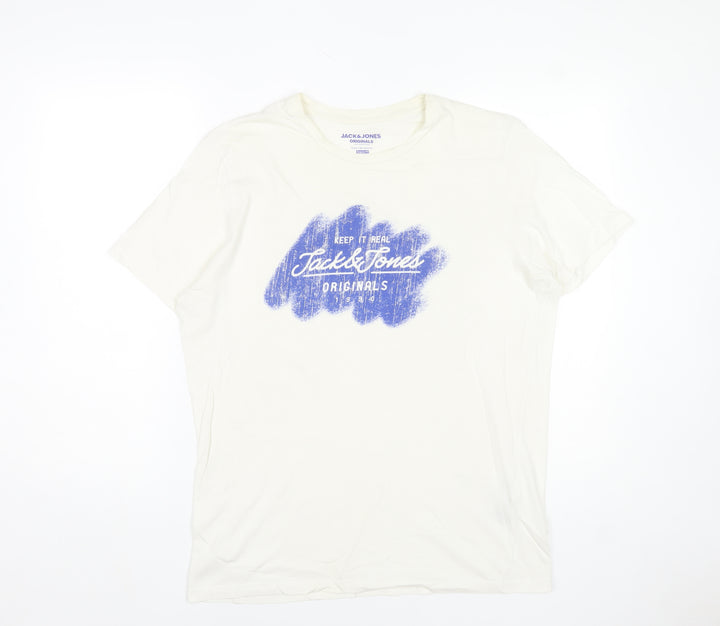 Jack & Jones Men's White Graphic Print T-Shirt Size L Regular Fit