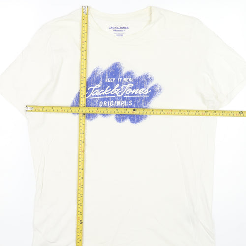 Jack & Jones Men's White Graphic Print T-Shirt Size L Regular Fit
