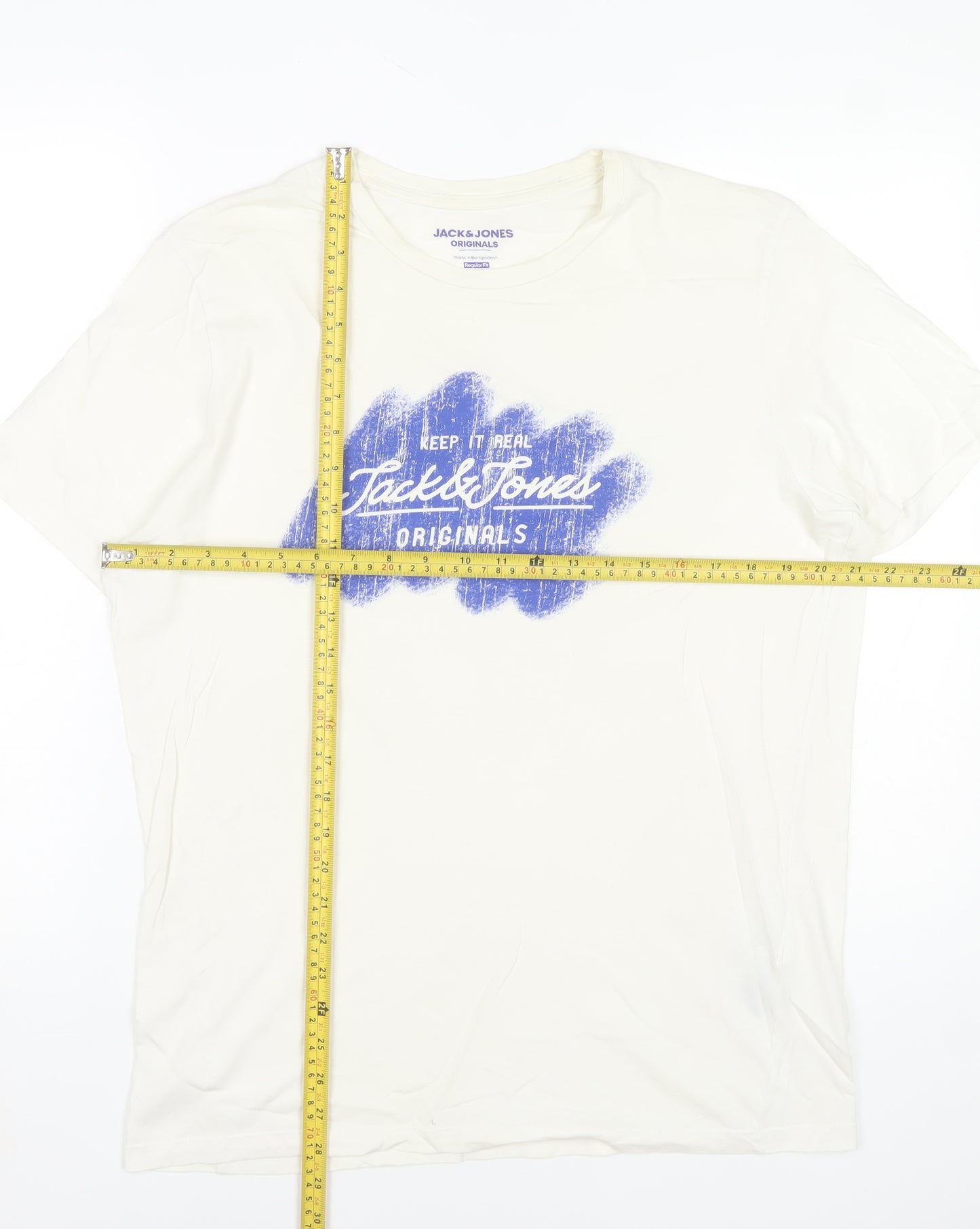 Jack & Jones Men's White Graphic Print T-Shirt Size L Regular Fit