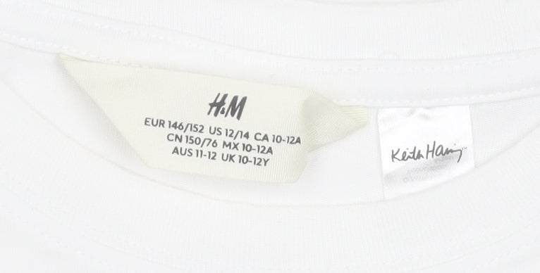 H&M Girls White Keith Haring Graphic T-Shirt 11-12 Years Cotton