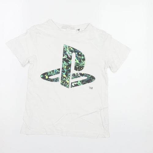 H&M Boys White PlayStation Logo T-Shirt 9-10 Years Regular Fit Cotton