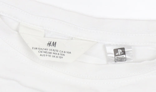 H&M Boys White PlayStation Logo T-Shirt 9-10 Years Regular Fit Cotton