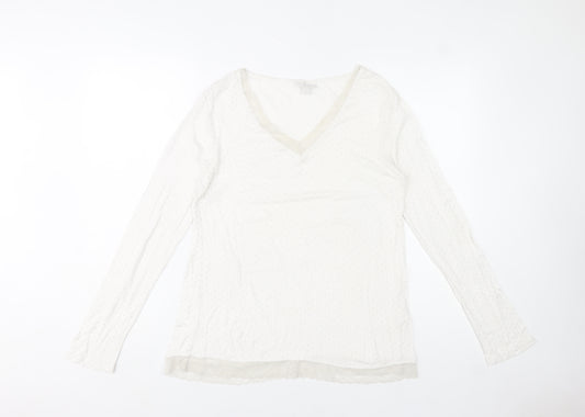 The White Company Women Ivory Long Sleeve V-Neck Lace Jersey Pyjama Top M