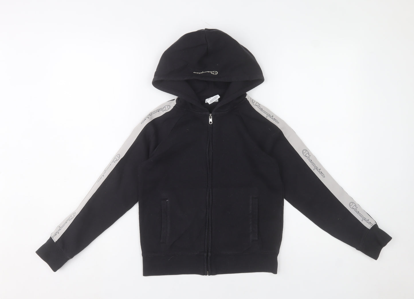 Champion Boys Black Full Zip Hoodie 9-10 Years Cotton Blend Logo Trim